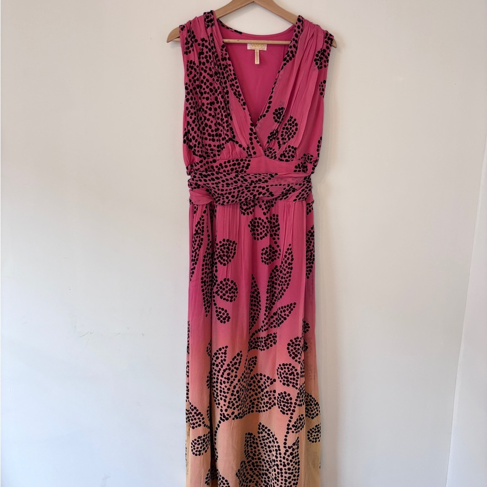 Anthropologie V-Neck Ombre Pink & Yellow Printed Chiffon Maxi Dress Sz L Lined - Picture 4 of 13